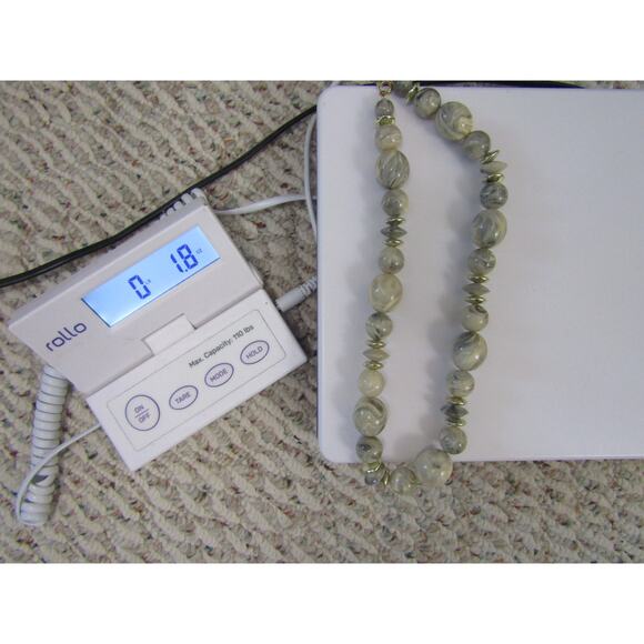 Gray/Cream Marble Round Gemstone Beaded Gold Tone Spacer Necklace Long 16.5" - Picture 6 of 6